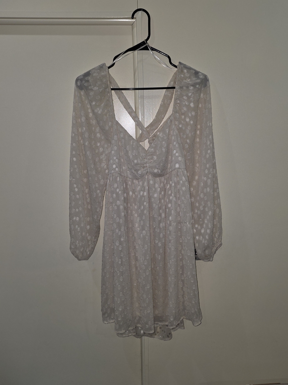 Francesca's Collections Ivory Sheer Dot Long-Sleeve Mini Dress